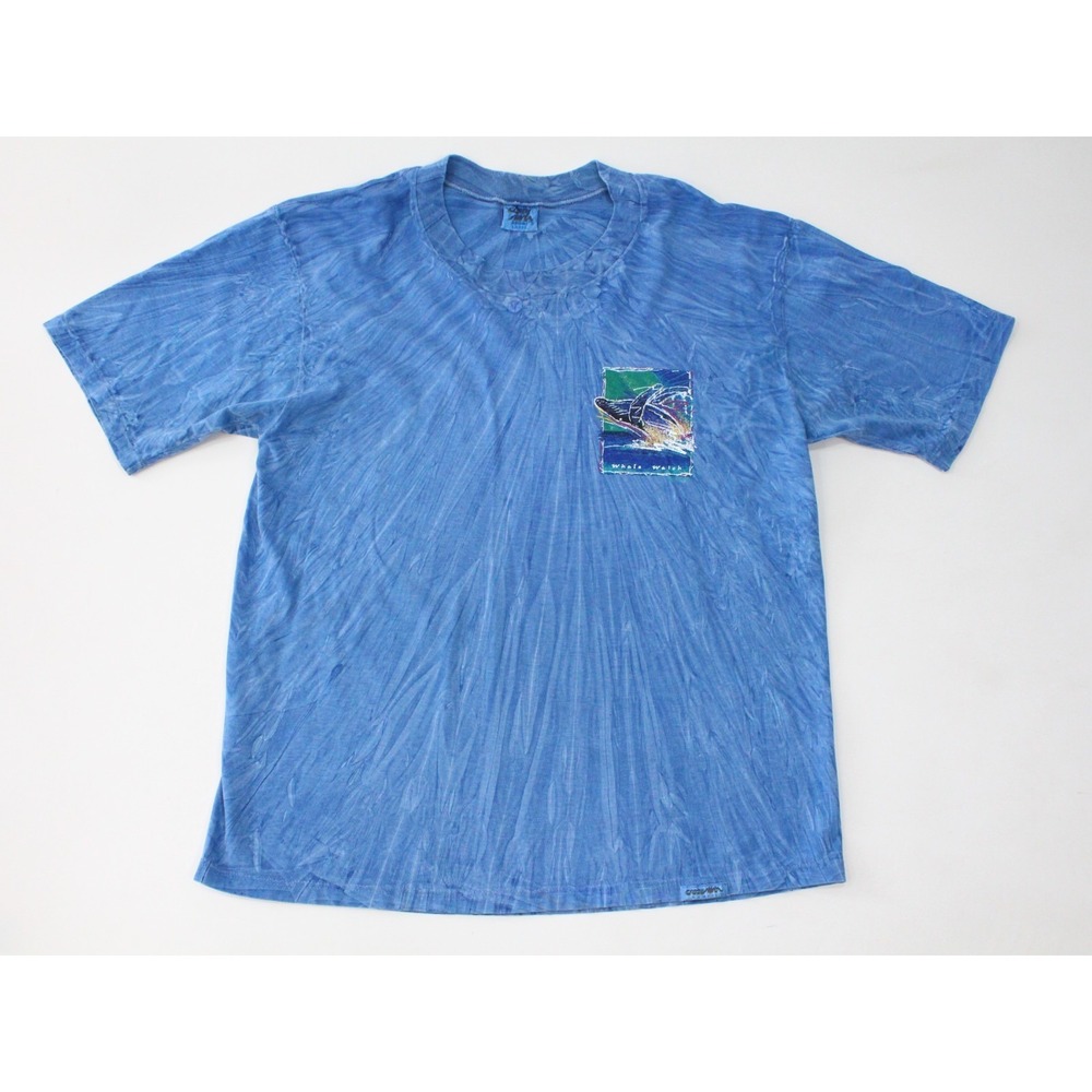 Vintage 80s Crazy Shirts Size L Whale Watch Hawaii Art‎ T Shirt USA Blue Tie dye
